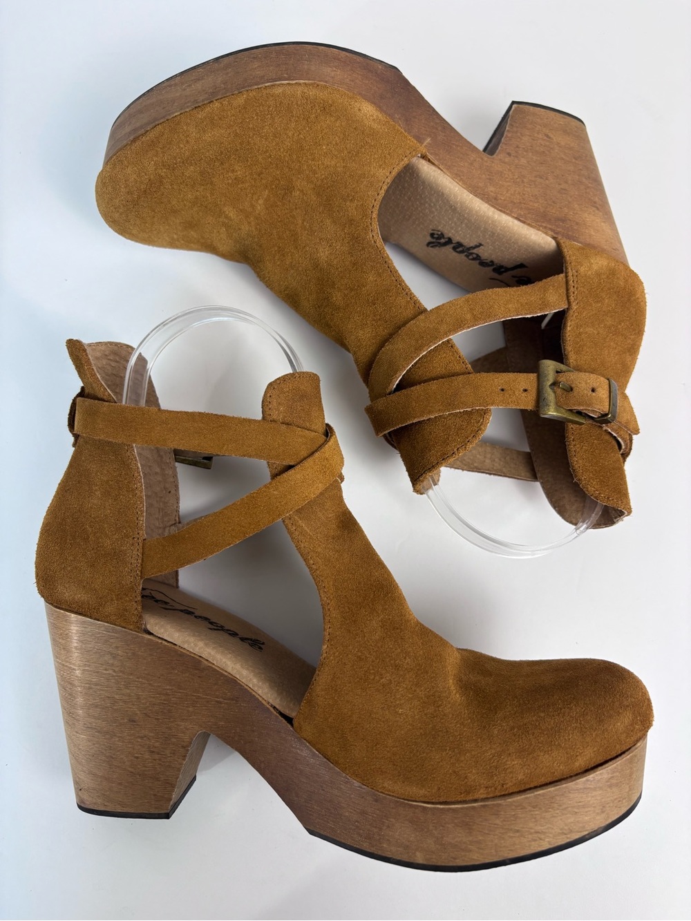 Free People Clog Heels Suede Chunky Wood Platform Block Heel Shoe Brown Sz 39/9 - Picture 12 of 16